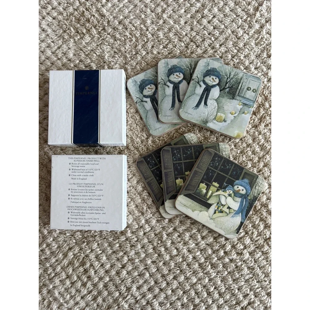 Set of 6 Pimpernel Winter Christmas Snowman Coasters in Box Grandmacore MCM
